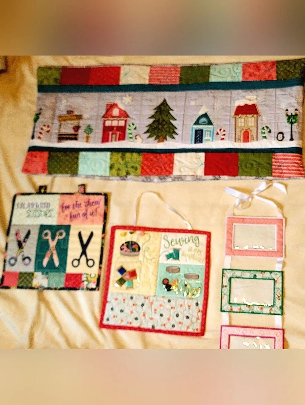Candy Cane Lane Bench Kimberbell Pillow Cover Machine Appliqued Fairy Lights
